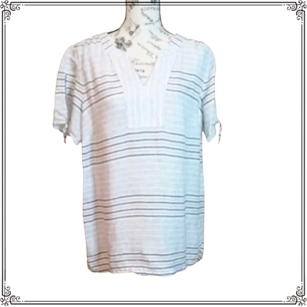 Talbot's Cream Linen Striped Peasant Blouse Size Med